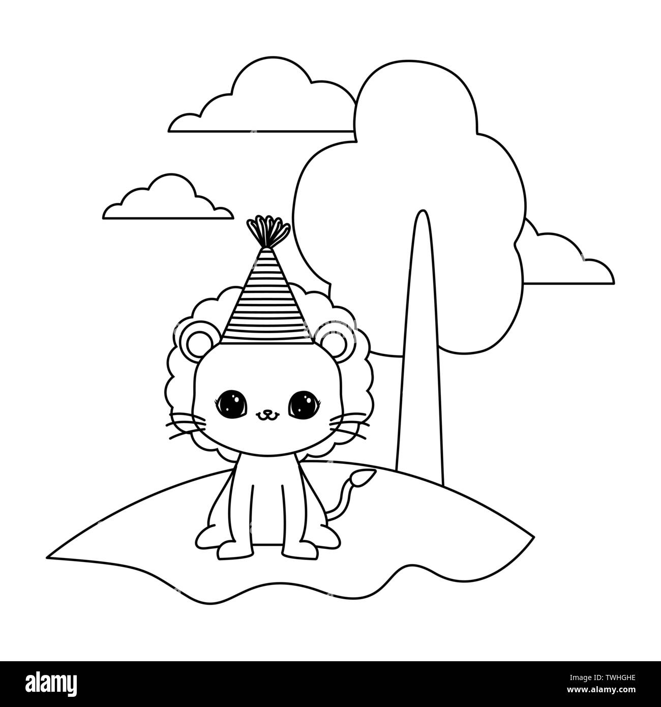 cute lion animal with hat party in landscape vector illustration design ...