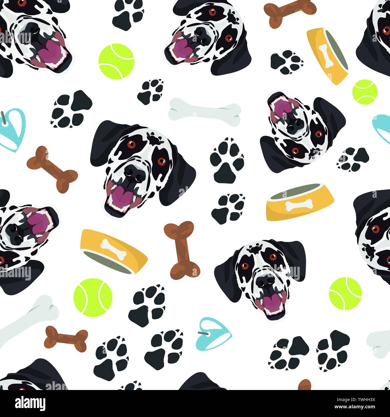 Smiling Dog Dalmatian - Seamless pattern with playful illustration of a dog and paw prints. The smiling dog is a great gift for dog owners. Stock Vector