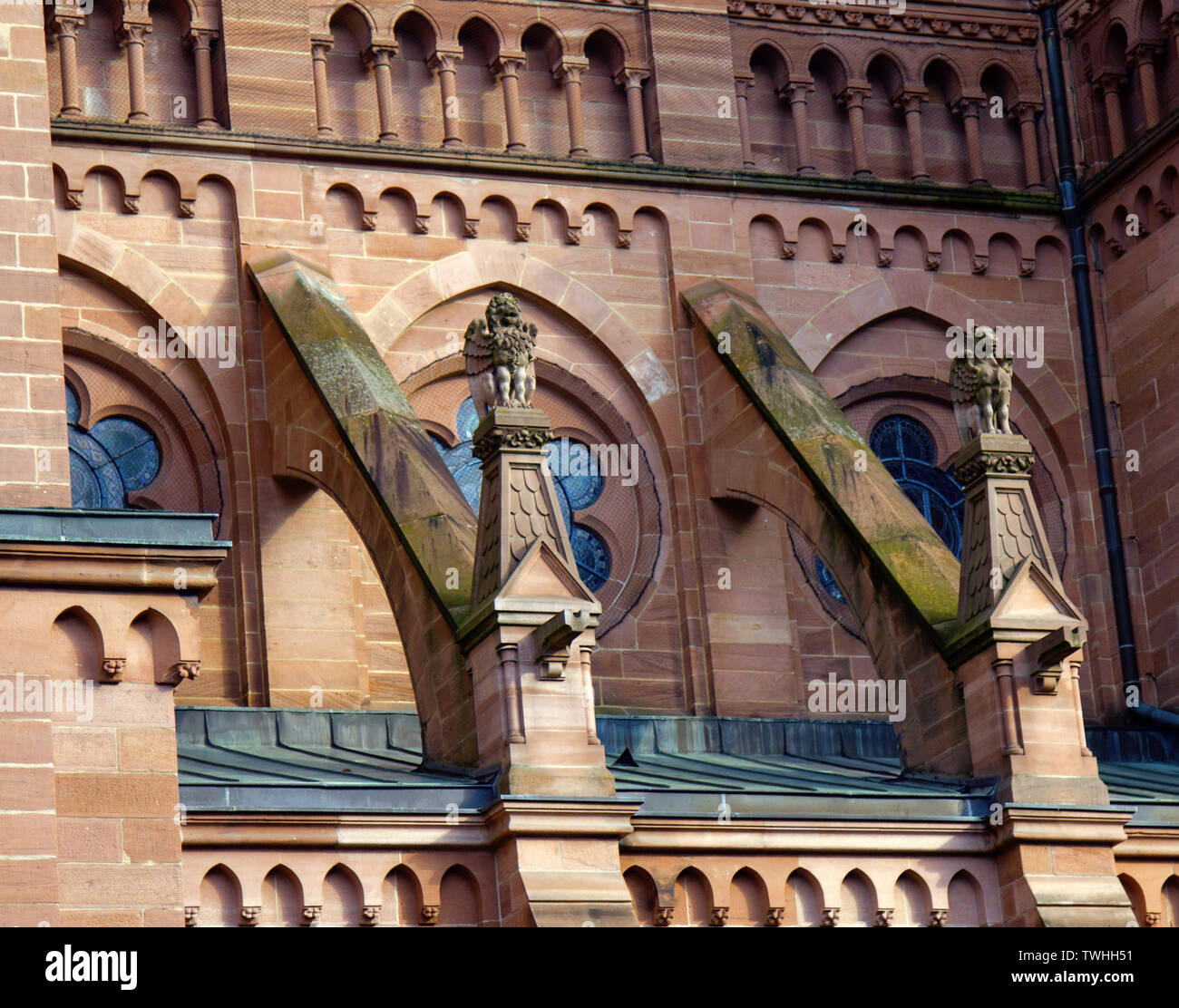 Detail of the Gothic temple with arcs-boutants, rose windows and hemaraj (harpies). Medieval architecture. Strassburg Stock Photo