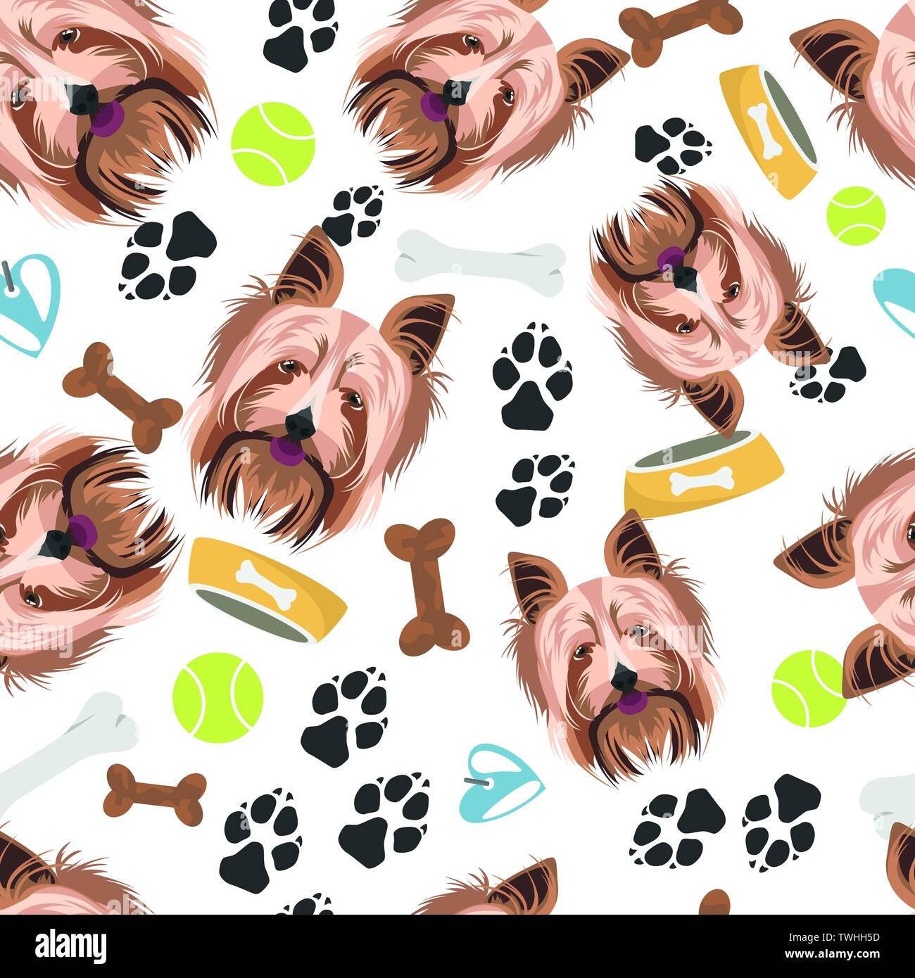 Smiling Dog Yorkshire Terrier - Seamless pattern with playful illustration of a dog and paw prints. smiling dog is a great for dog owners Stock Vector Image & Art - Alamy