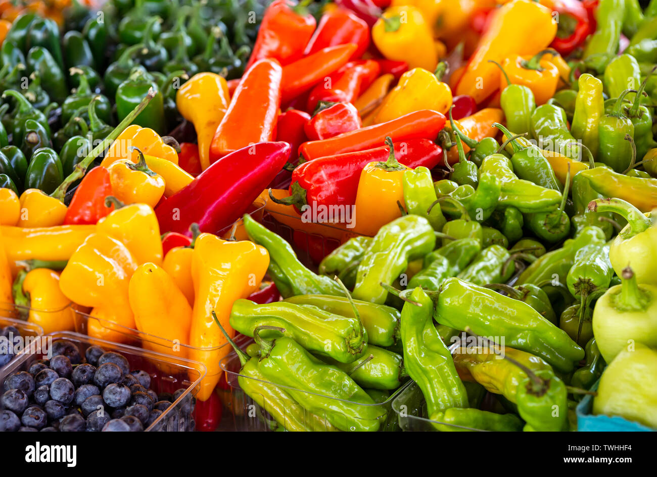 Variety of hot peppers at a local farmer's market Stock Photo