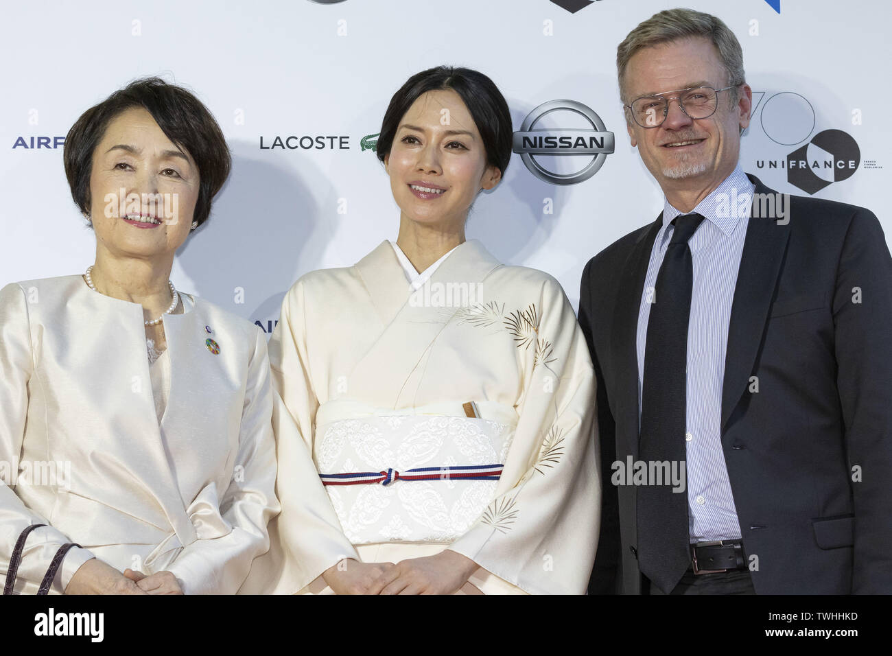 June 20, 2019 - Yokohama, Japan - (L to R) Fumiko Hayashi mayor of  Yokohama, actress Miki Nakatani and Laurent Pic Ambassador of France to  Japan pose for the cameras on the