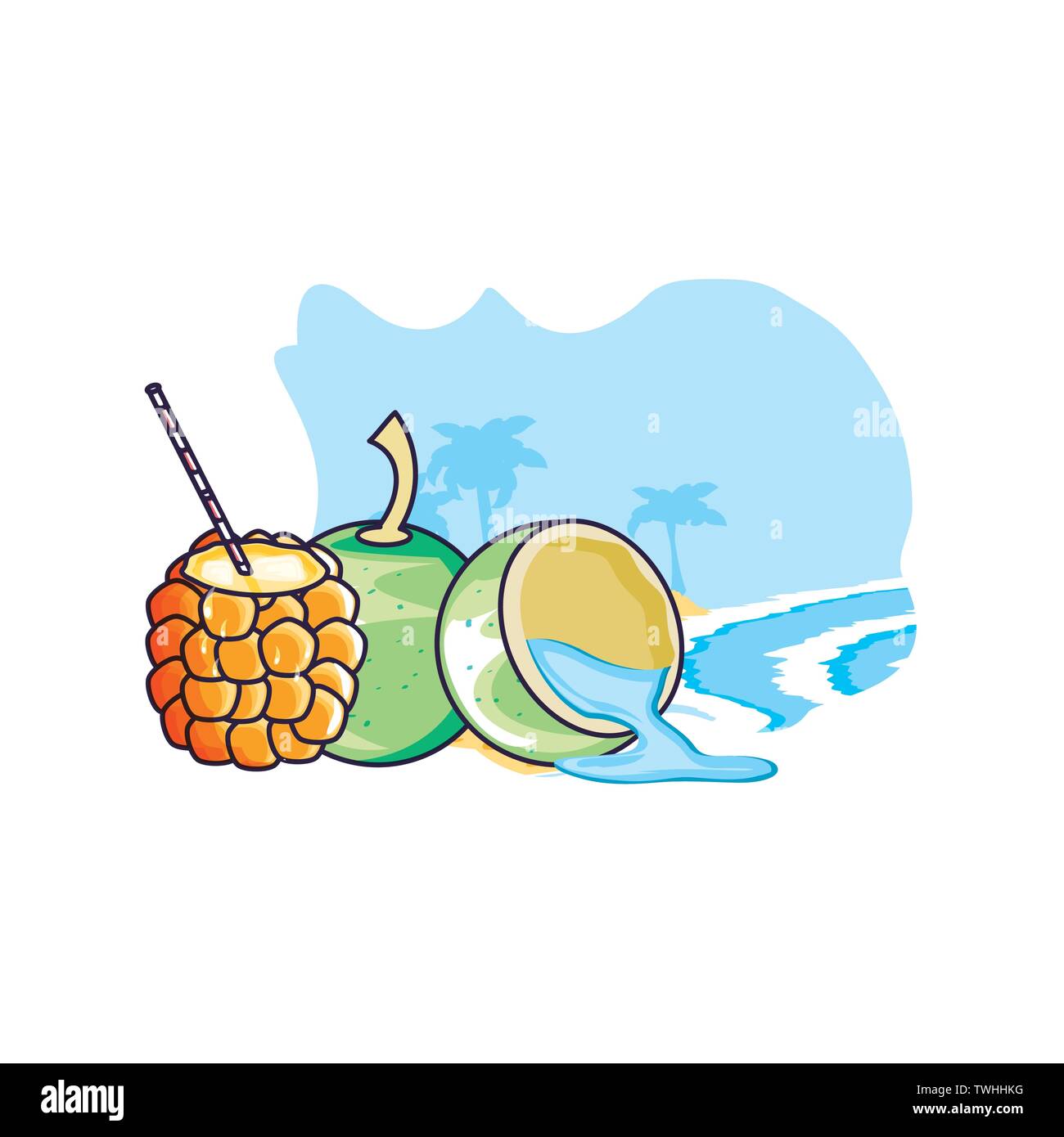 cocktail of pineapple in the beach with coconut vector illustration ...