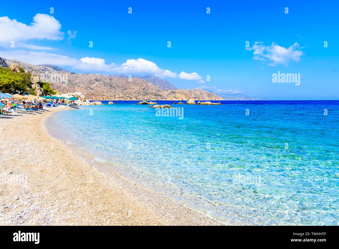 Azure sea at Apella beach on Karpathos island, Greece Stock Photo