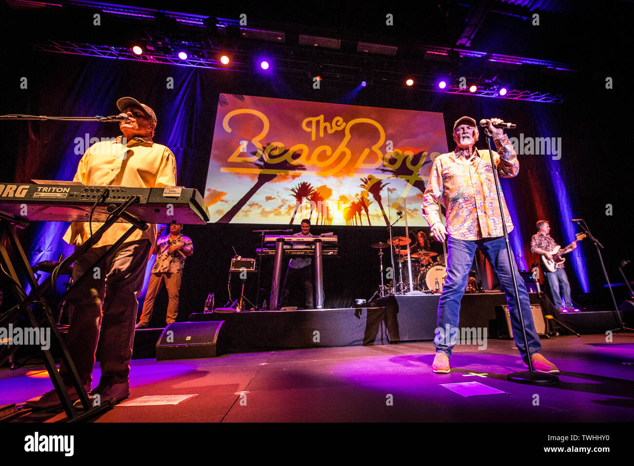 Roskilde, Denmark. 20th June, 2019. Roskilde, Denmark - June 20th, 2019. The American surf rock and vocal group The Beach Boys performs a live concert at Roskilde Kongrescenter in Roskilde. Here singer, songwriter and musician Mike Love is seen live on stage with Bruce Johnston (L). (Photo Credit: Gonzales Photo/Alamy Live News Stock Photo