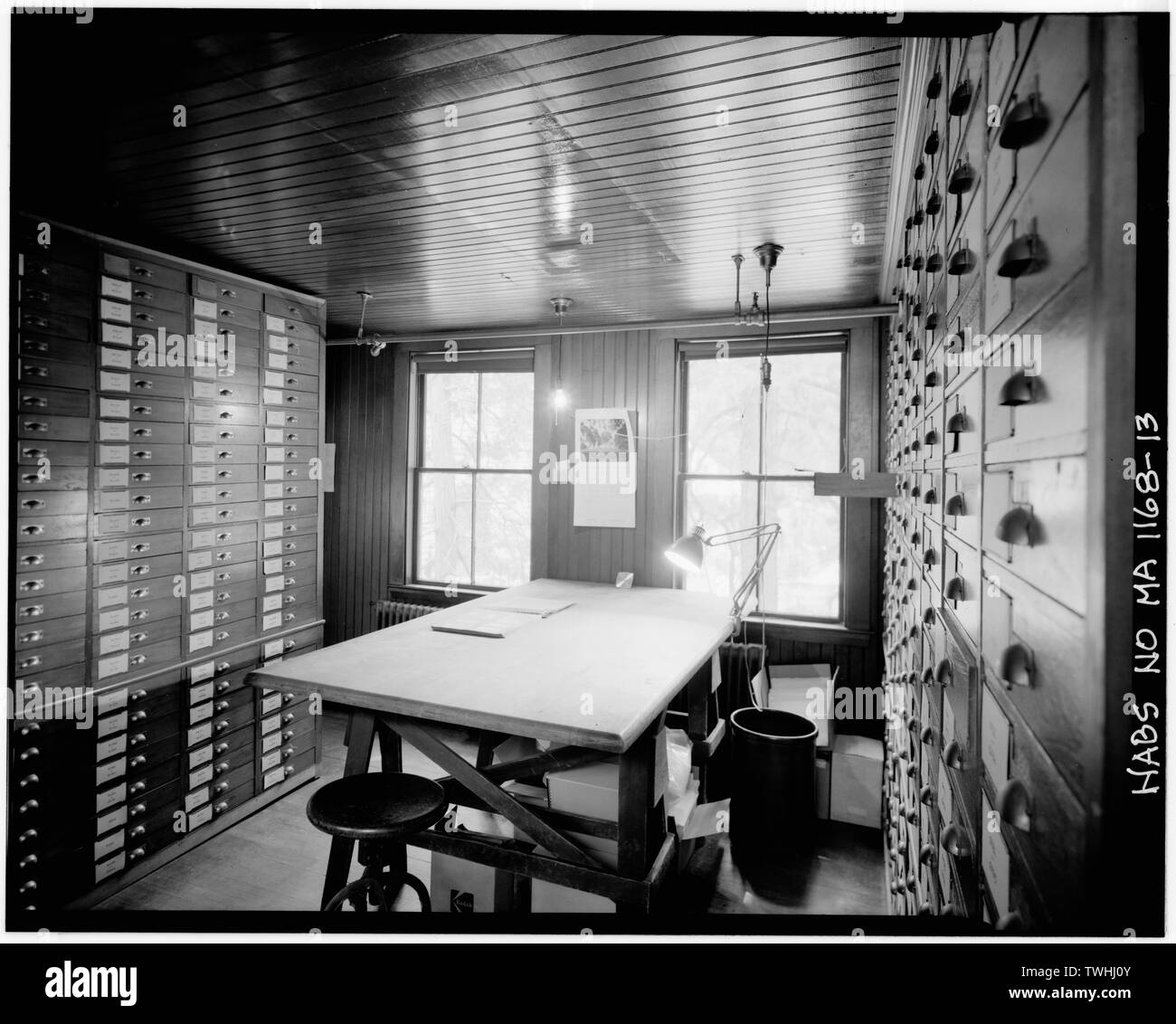 SECOND FLOOR, LOOKING SOUTHWEST, PHOTO STORAGE ROOM, OFFICE AREA. - Fairsted, 99 Warren Street, Brookline, Norfolk County, MA; Olmsted, Frederick Law; Price, Virginia B, transmitter; Lowe, Jet, photographer; Boucher, Jack E, photographer Stock Photo