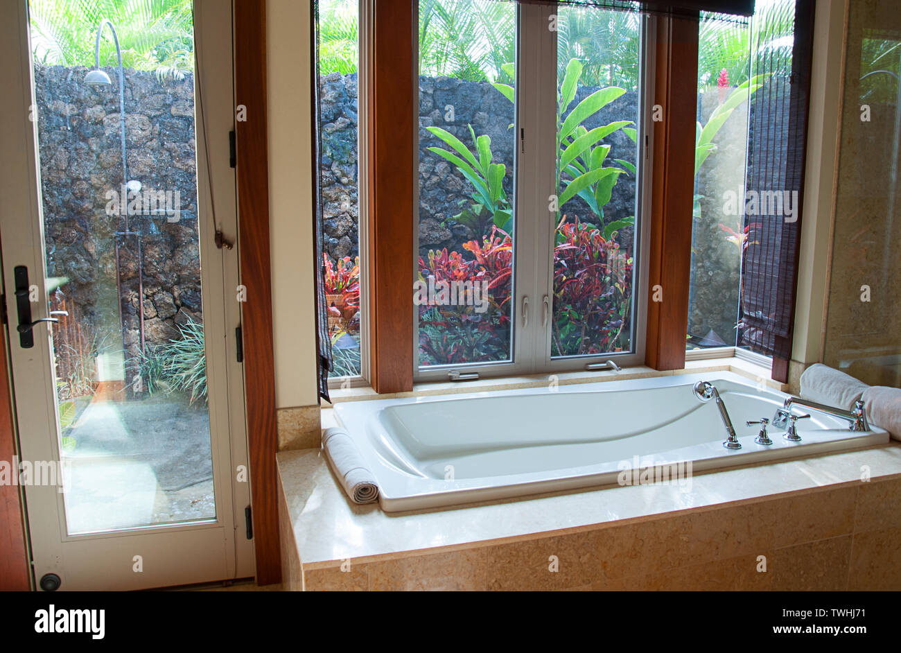 Image showcasing Interior bathroom tropical home with a luxury bathtub and windows ...