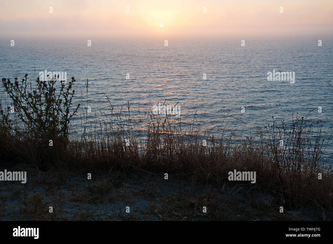 Misty sunset over ocean landscape with sandy shore and beach grass and plants in the foreground.  Stunning seascape nature image taken near Sequim, Wa Stock Photo