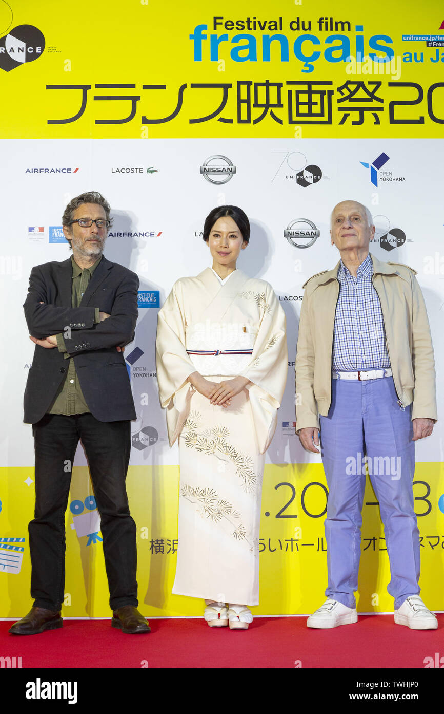 June 20, 2019 - Yokohama, Japan - (L to R) Actor Nils Tavernier, actress Miki Nakatani and film director Michel Ocelot pose for the cameras on the red carpet during the Festival du Film Francais au Japon 2019 at Yokohama Minato Mirai Hall. This year, 16 movies will be screened during the annual film festival which runs from June 20 to 23. (Credit Image: © Rodrigo Reyes Marin/ZUMA Wire) Stock Photo