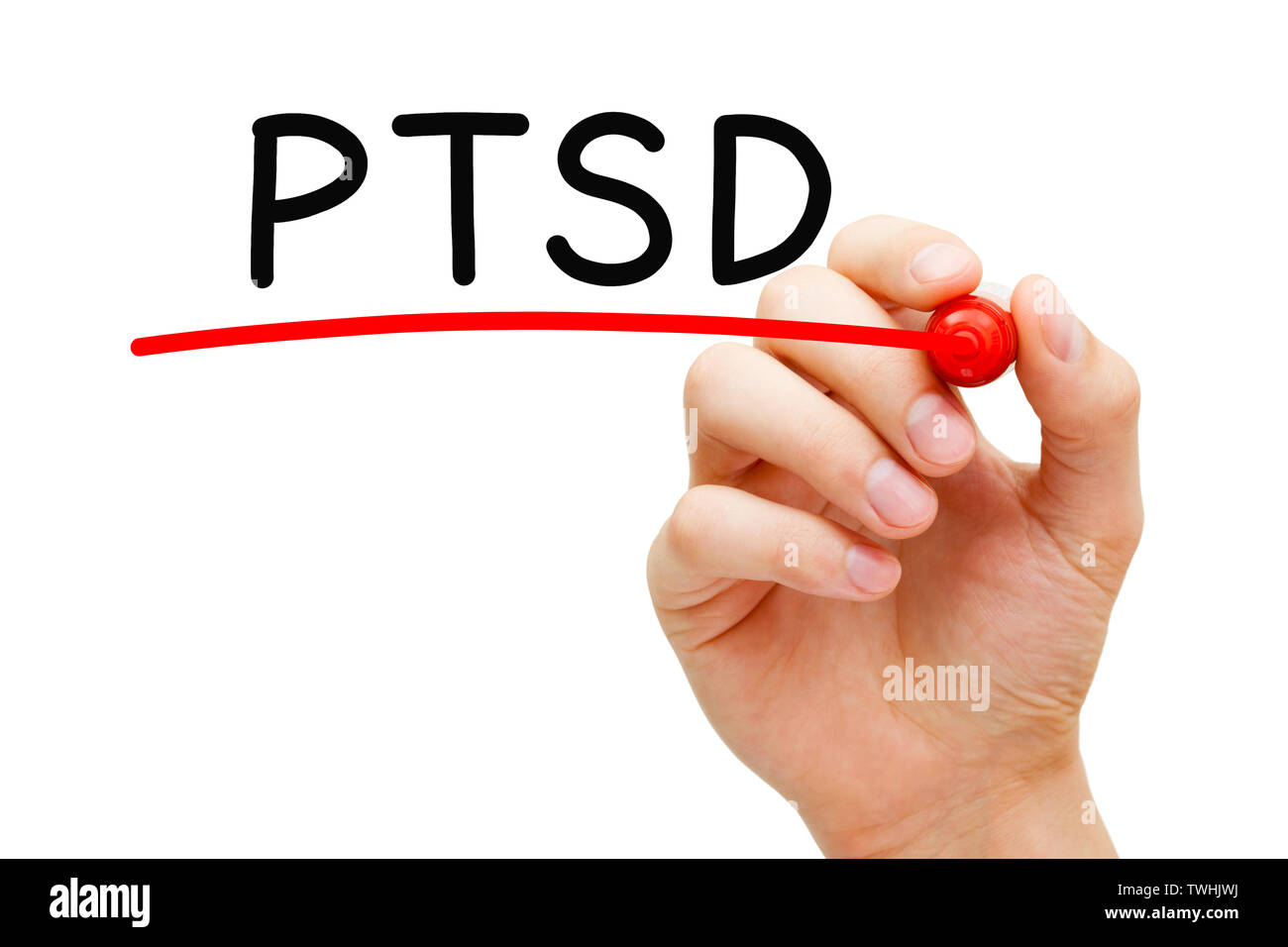 Hand writing PTSD Post Traumatic Stress Disorder with marker on transparent wipe board. Stock Photo