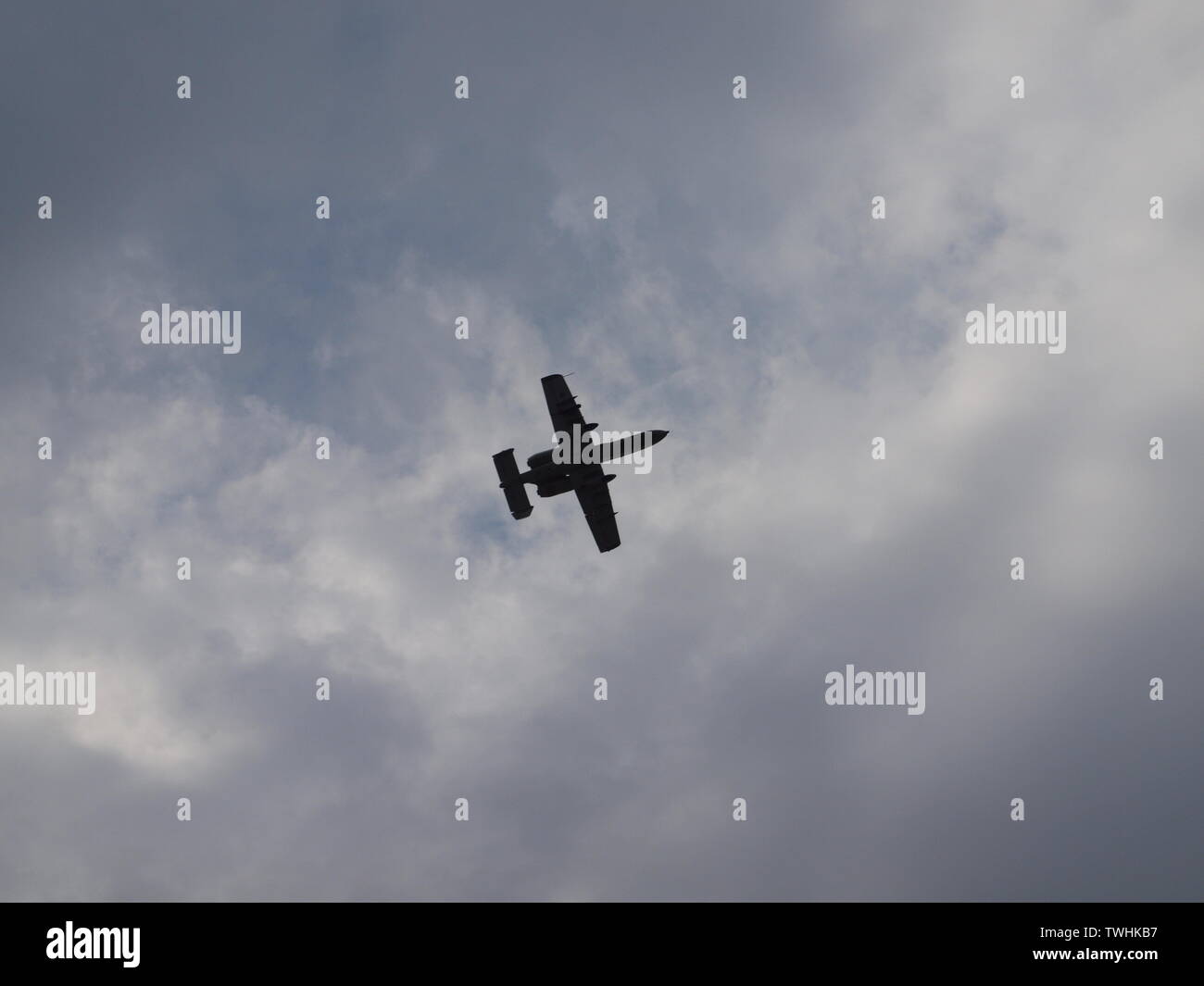 A-10 Thunderbolt, aka 'Warthog' flying low over the New Jersey shore. Stock Photo