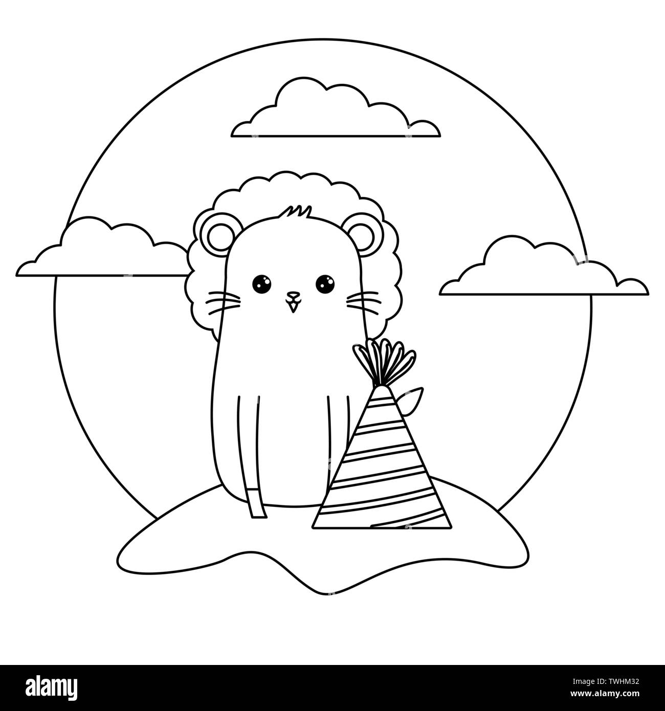 cute lion animal with hat party in landscape vector illustration design ...