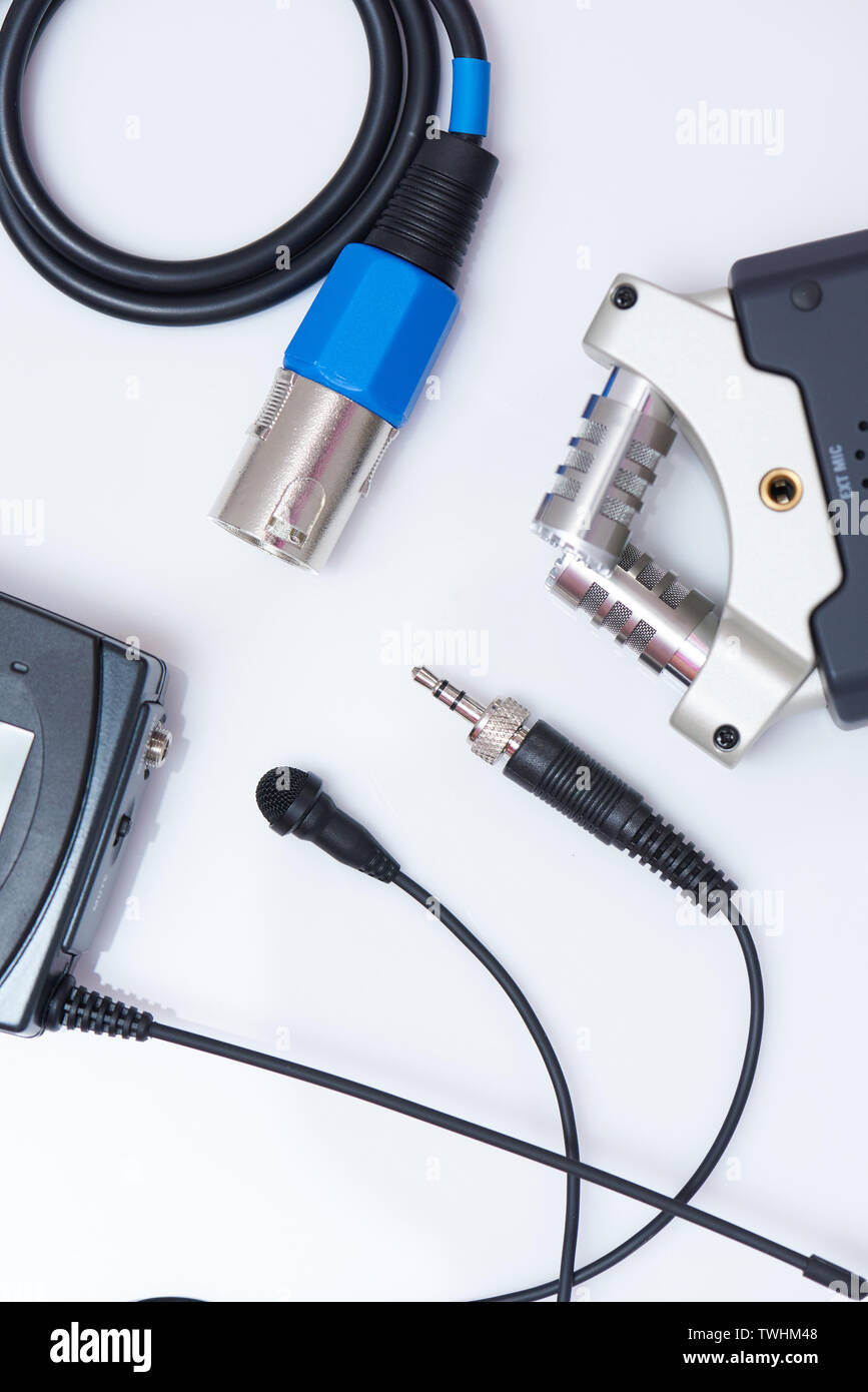 Sound recording system theme. Different type of microphones Stock Photo