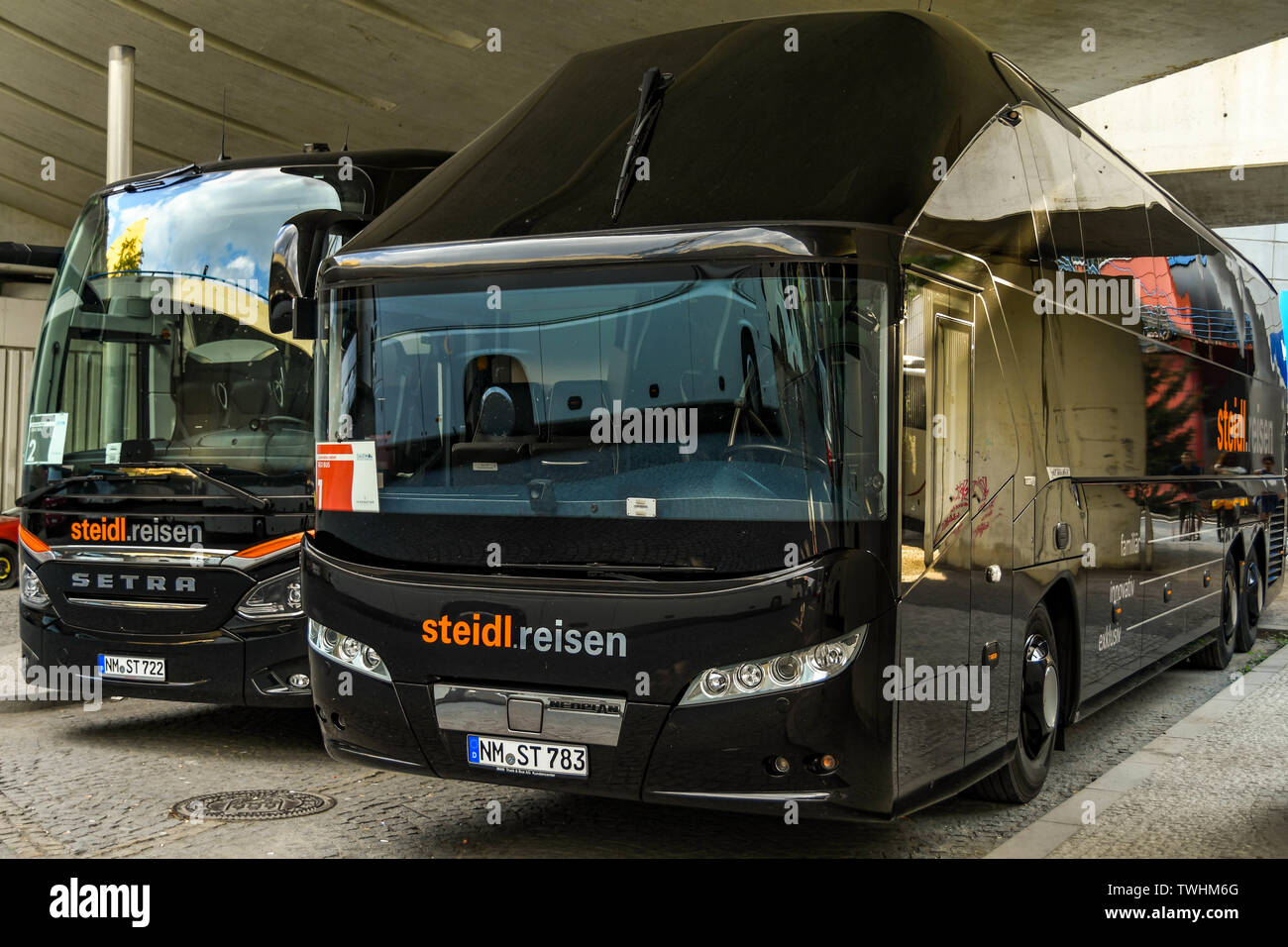 PRAGUE, CZECH REPUBLIC - JULY 2018: Luxury motor coaches parked overnight in  Prague Stock Photo