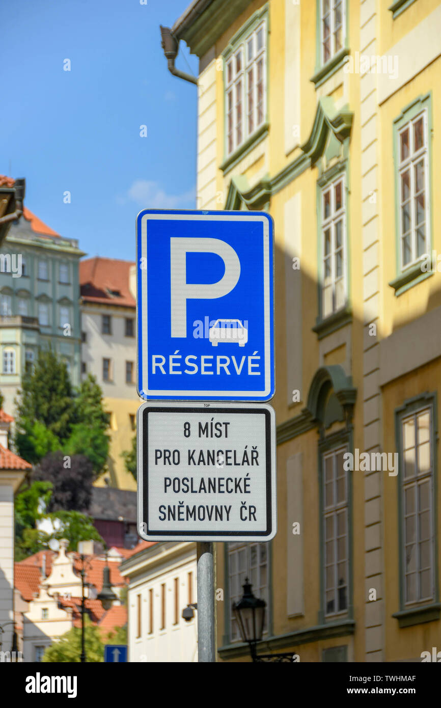 PRAGUE, CZECH REPUBLIC - JULY 2018: Road sign near Prague Castle informing motorists of parking restrictions Stock Photo