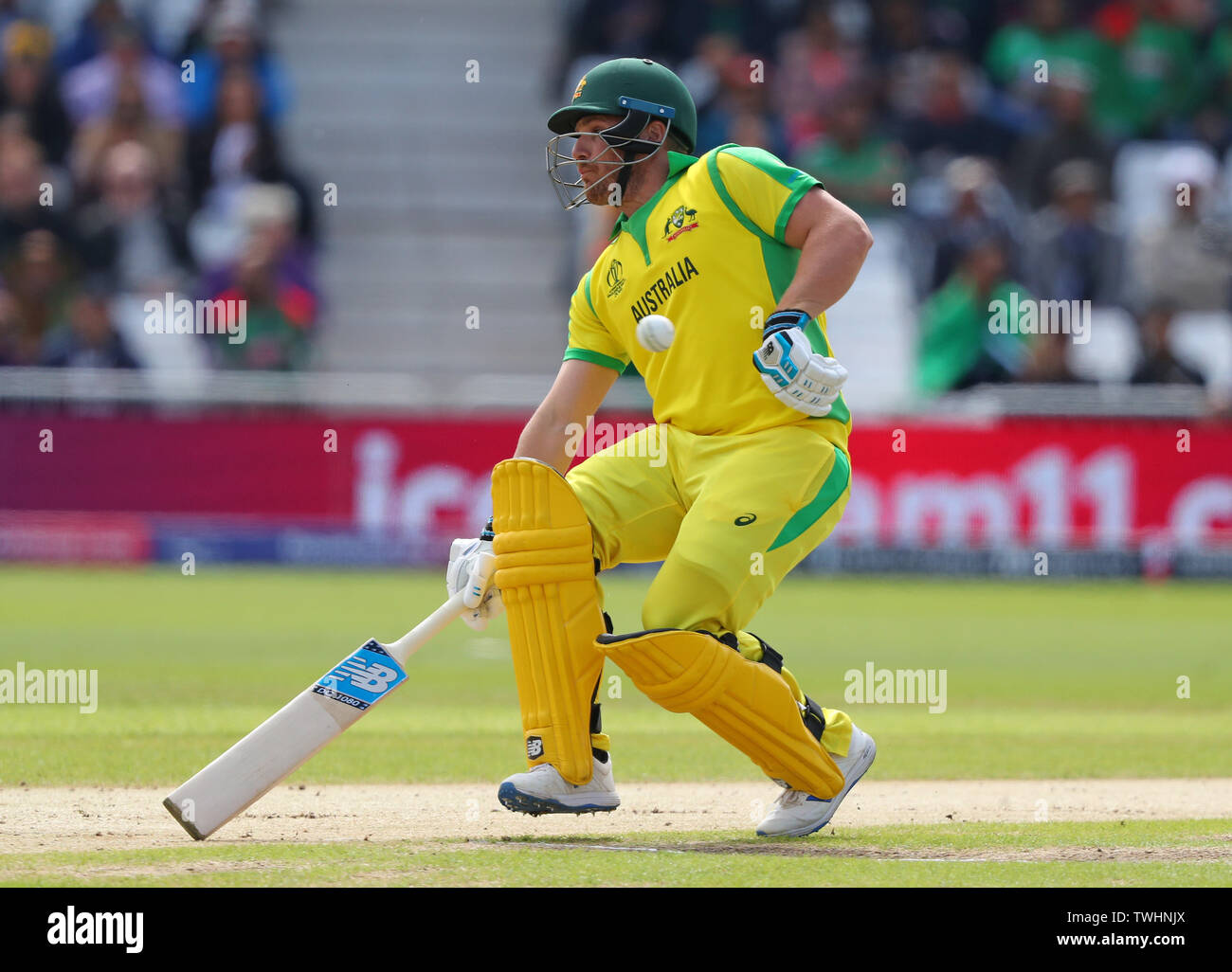 NOTTINGHAM, ENGLAND. 20 JUNE 2019: Aaron Finch of Australia avoids getting hit by the ball as he runs a single during the Australia v Bangladesh, ICC Cricket World Cup match, at Trent Bridge, Nottingham, England. Credit: Cal Sport Media/Alamy Live News Stock Photo