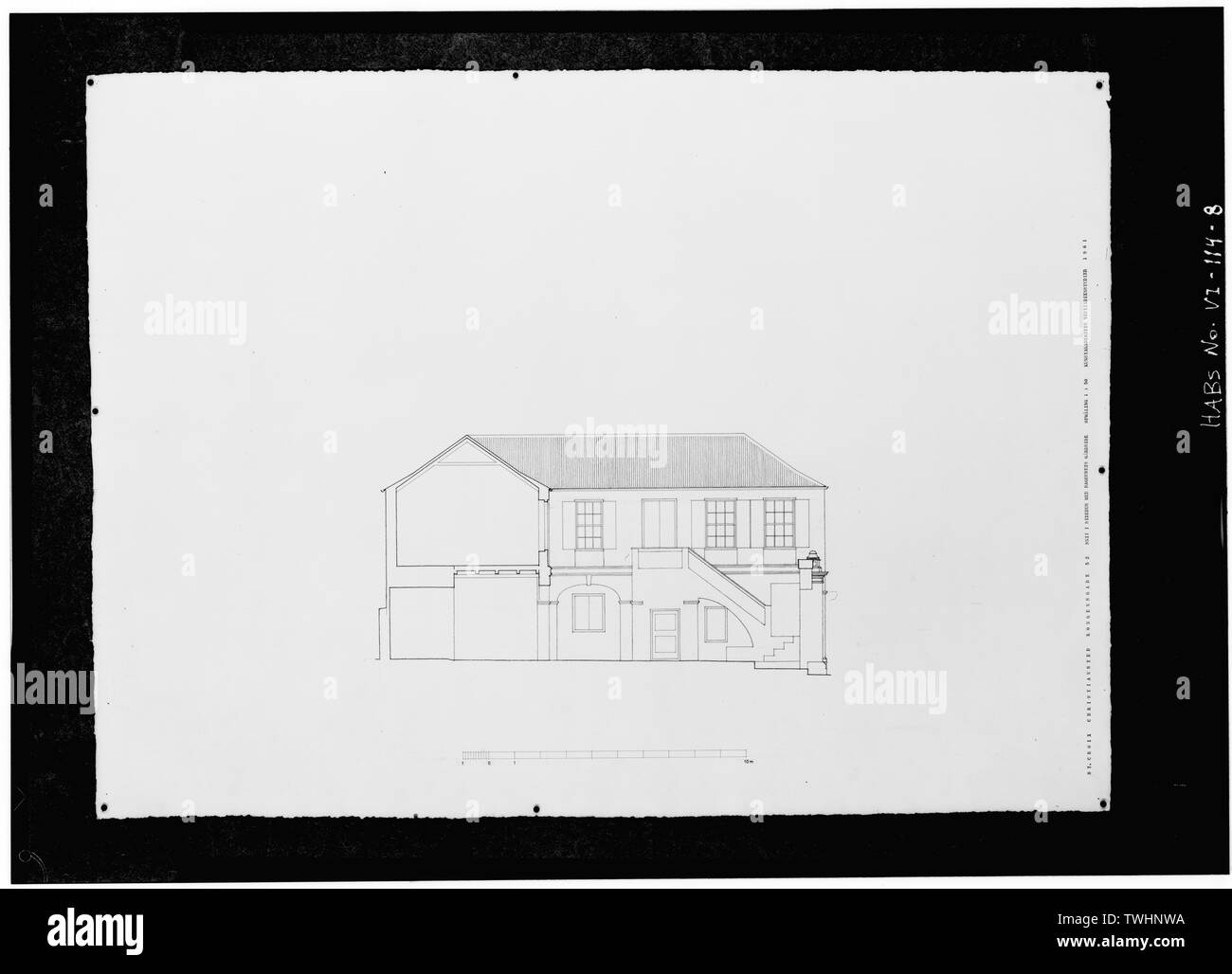 SECTION THROUGH SIDE PORTION OF WING AND ELEVATION OF REAR PORTION - Kongensgade 52 (House), 52 King Street, Christiansted, St. Croix, VI Stock Photo