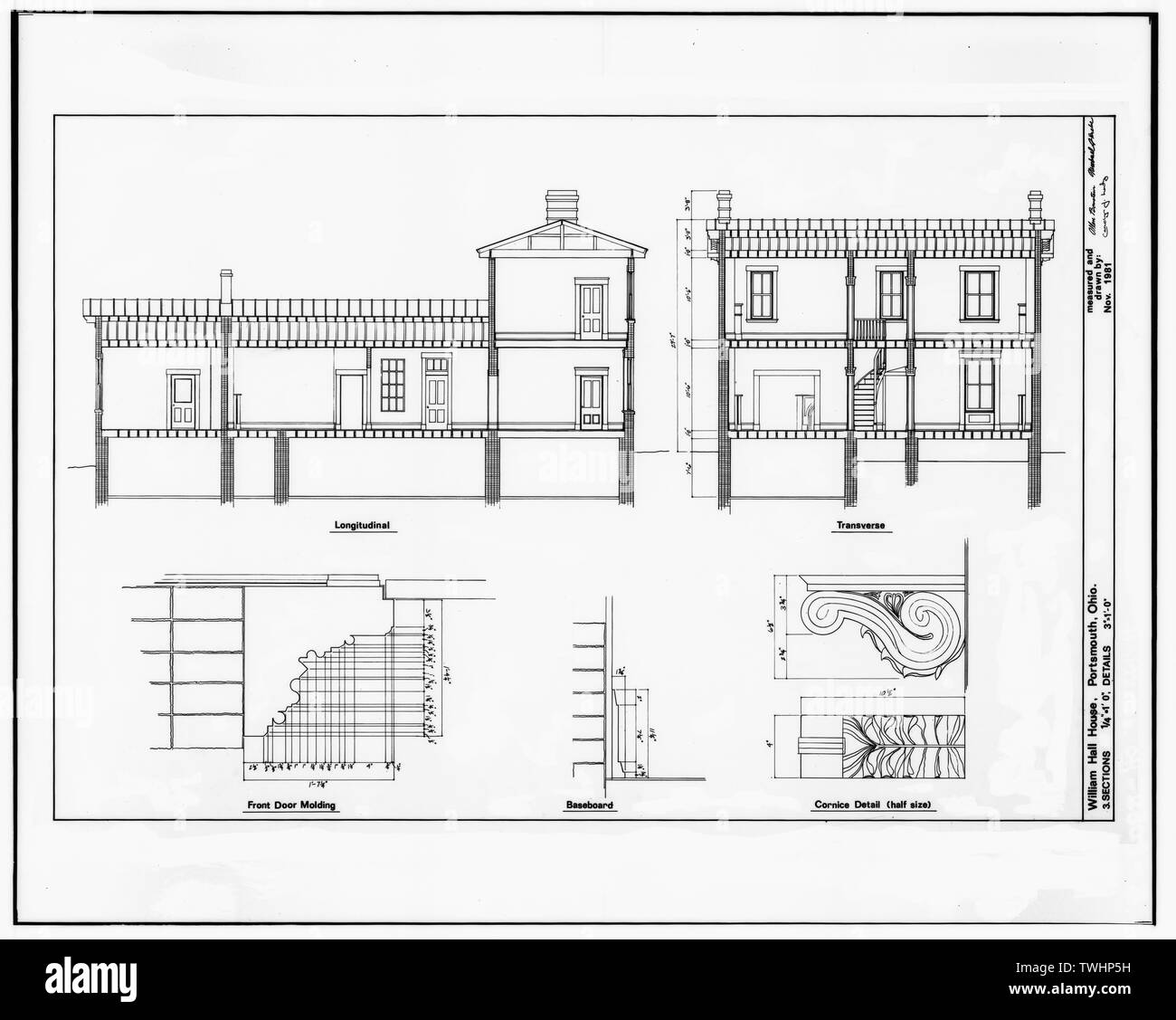 SECTIONS- LONGITUDINAL, TRANSVERSE, FRONT DOOR MOLDING, BASEBOARD, AND HALF-SIZE CORNICE DETAIL - William Hall House, 429 Second Street, Portsmouth, Scioto County, OH Stock Photo
