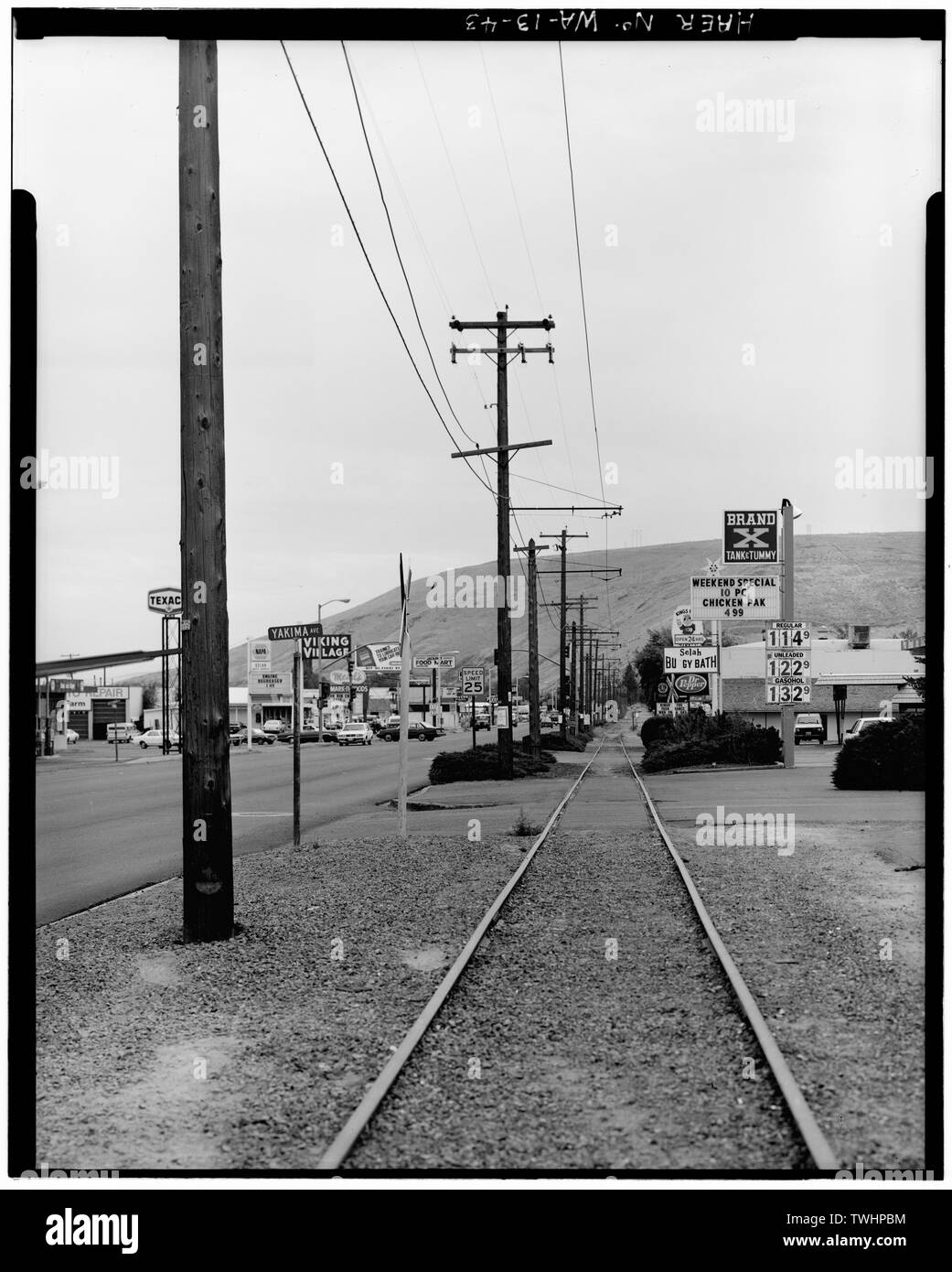 SELAH LINE, LOOKING SOUTH ALONG FIRST STREET IN SELAH FROM YAKIMA AVENUE - Yakima Valley Transportation Company Interurban Railroad, Connecting towns of Yakima, Selah and Wiley City, Yakima, Yakima County, WA; Kenly, Edward M; Whitson, Edward; Sawyer, William P; Scudder, Henry B; Yakima Inter-Valley Traction Company; Splawn, A J; Rankin, George S; Niles Car Company; Yearby, Jean P, transmitter; Johnsen, Kenneth G, historian; Schmidt, Jigger, photographer Stock Photo