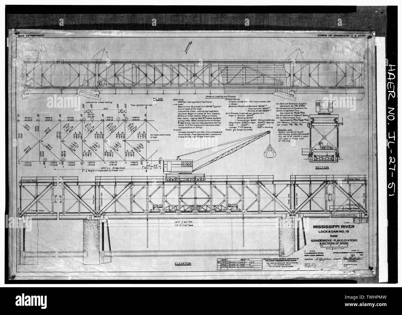 SERVICE BRIDGE-PLAN ELEVATIONS AND SECTIONS OF SPANS. July 1931 - Mississippi River 9-Foot Channel Project, Lock and Dam No. 15, Upper Mississipi River (Arsenal Island), Rock Island, Rock Island County, IL; U.S. Army Corps of Engineers; S.A. Healy Company; Merrit-Chapman-Whitney Corporation; Ylvisaker, Lenvik; Piel, John H; McCormick, Herbert Stock Photo