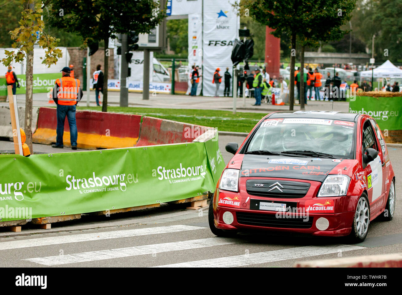 STRASBOURG, FRANCE - OCT 3, 2013: Philippe Le Behot of France compete in Citroen C2 R2 during Super Special Stage 1 of the WRC France Stock Photo