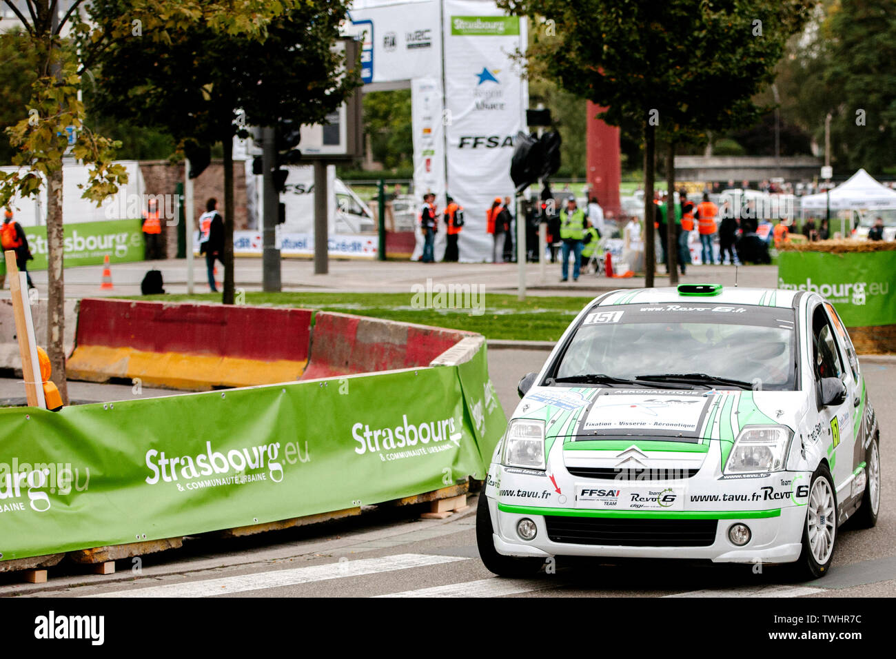 STRASBOURG, FRANCE - OCT 3, 2013: Laurent Bonnard of France compete in Citroen C2 R2 during Super Special Stage 1 of the WRC France Stock Photo