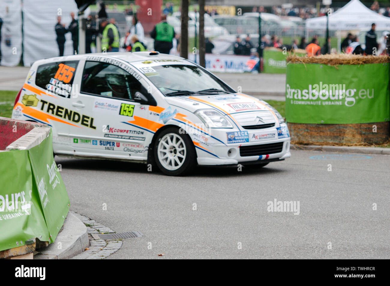 STRASBOURG, FRANCE - OCT 3, 2013: Yannick Wendling of France compete in Citroen C2 R2 during Super Special Stage 1 of the WRC France Stock Photo