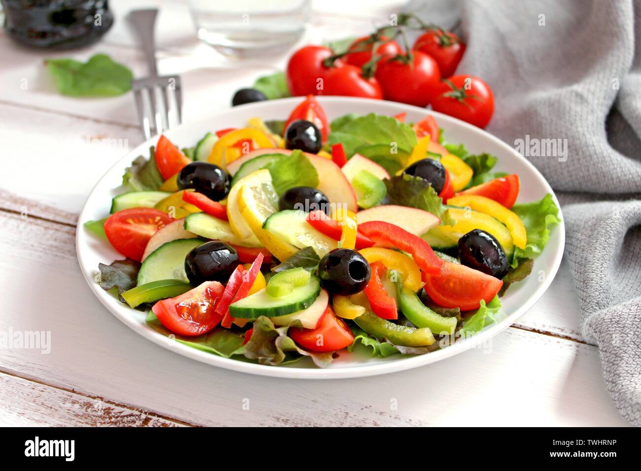 Salad with vegetables. Top view with copy space. Healthy food concept. Stock Photo