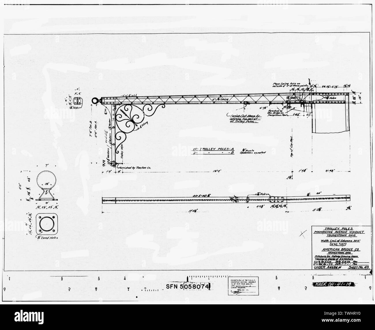 SHEET NO. 43 TITLED 'TROLLEY POLES,' DATED MAY 6, 1903 - Mahoning Avenue Pratt Double-Deck Bridge, Spanning Mill Creek at Mahoning Avenue (C.R. 319), Youngstown, Mahoning County, OH Stock Photo