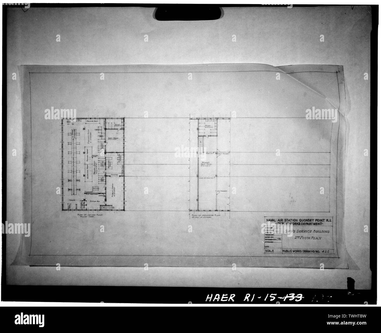 SHIP'S SERVICE (LAUNDRY) (BLDG. 65), SECOND FLOOR PLAN, JUNE 1942. PWD 422. - Quonset Point Naval Air Station, Roger Williams Way, North Kingstown, Washington County, RI; Albert Kahn,Incorporated; George A Fuller Company; Merritt-Chapman and Scott Corporation Stock Photo