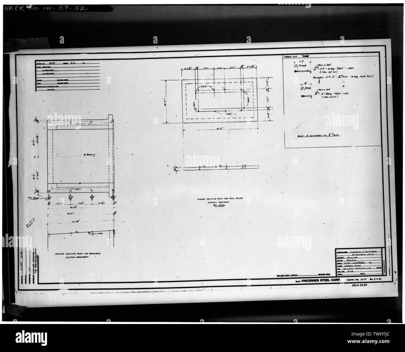 SHOP PLAN - ANCHOR SETTING PLAN FOR TOLL HOUSE (Sheet No. 2A) - Hutsonville Bridge, Spanning Wabash River on State Route 154, Graysville, Sullivan County, IN; Milbank, R V; Robinson and Steinman; Wisconsin Bridge and Iron Company; Vincennes Steel Corporation; Glasgow, Charles J Stock Photo