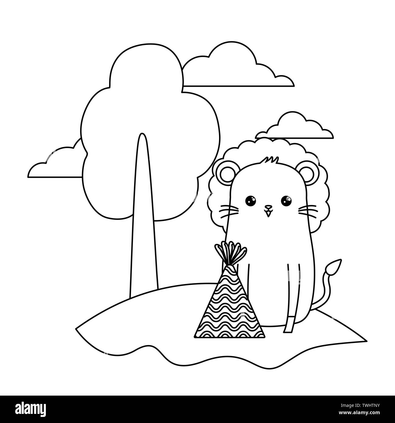 cute lion animal with hat party in landscape vector illustration design ...