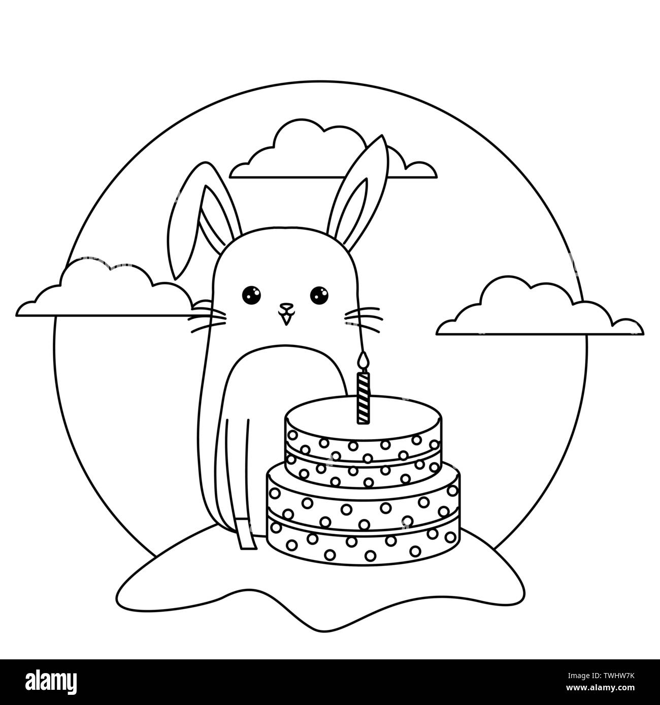 cute rabbit animal with cake of birthday in landscape vector ...