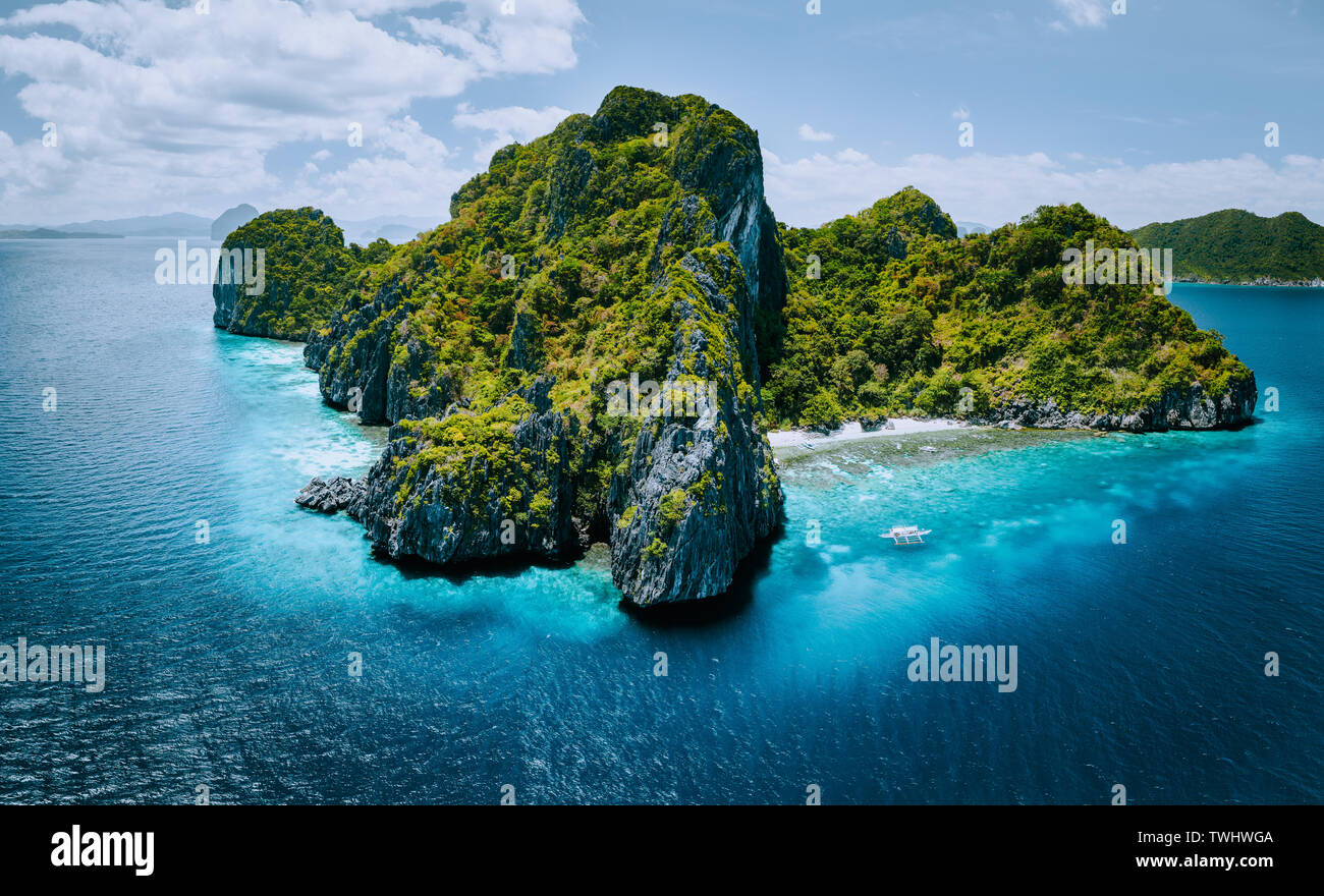 Aerial panorama of tropical paradise Entalula Island and clear blue water El Nido, Palawan, Philippines. Must see most beautiful famous nature spot Stock Photo
