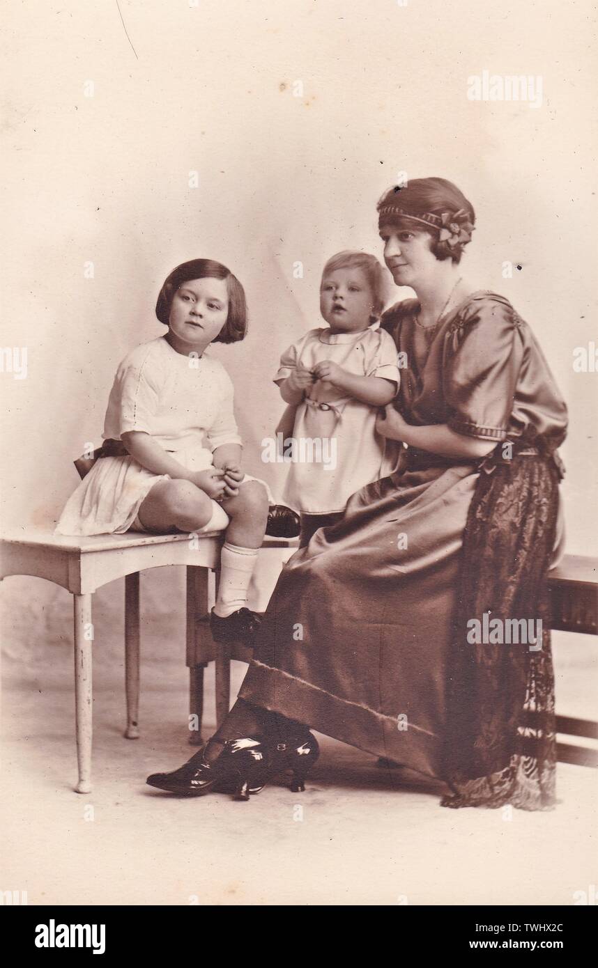 Vintage black and white portrait photo of woman and children 1930s 1940s? Stock Photo
