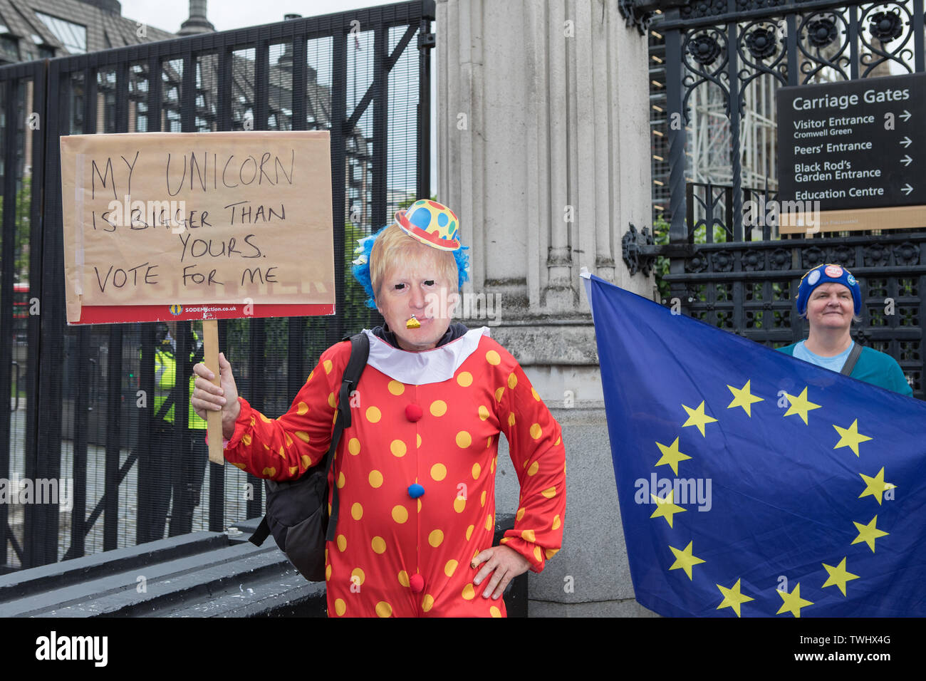 Westminster, London, UK. 24 May 2019. The 2019 Conservative Party leadership election was triggered when Theresa May announced on 24 May 2019 that she would resign as leader of the Conservative Party on 7 June, and as Prime Minister once a successor had been elected. Today is the last ballot day when the remaining candidates are reduced to two. A pro-Europe protester dresses up as a clown wearing a mask of Boris Johnson. In the Commons voting is taking place to select the last two candidates that the membership of the party will vote to elect the leader. Stock Photo