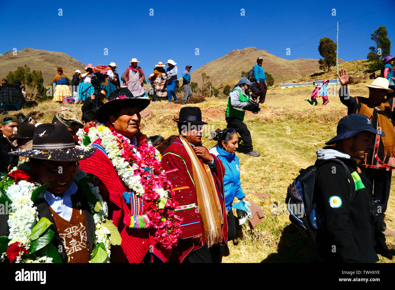 Bolivia 20th June 2019: Bolivian president Evo Morales Ayma (centre) leads an International Hike along a section of the Qhapaq Ñan Inca road near Desaguadero. The event was organised by the Ministry of Cultures & Tourism to promote tourism and Bolivia's indigenous cultures. Stock Photo