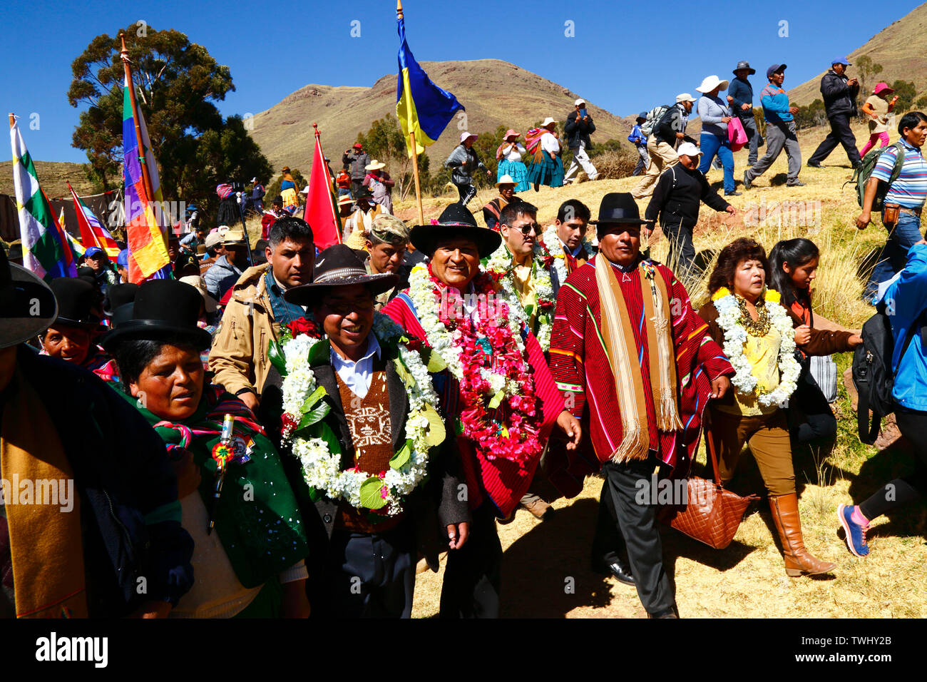 Bolivia 20th June 2019: Bolivian president Evo Morales Ayma (centre) leads an International Hike along a section of the Qhapaq Ñan Inca road near Desaguadero. The event was organised by the Ministry of Cultures & Tourism to promote tourism and Bolivia's indigenous cultures. Stock Photo