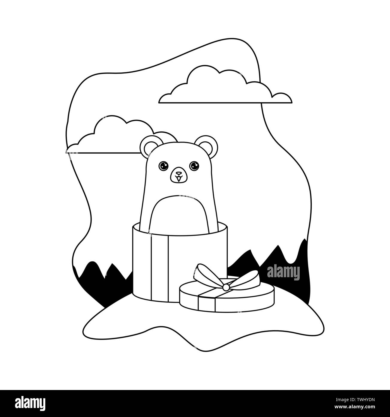 cute bear animal in gift box in landscape vector illustration design Stock Vector