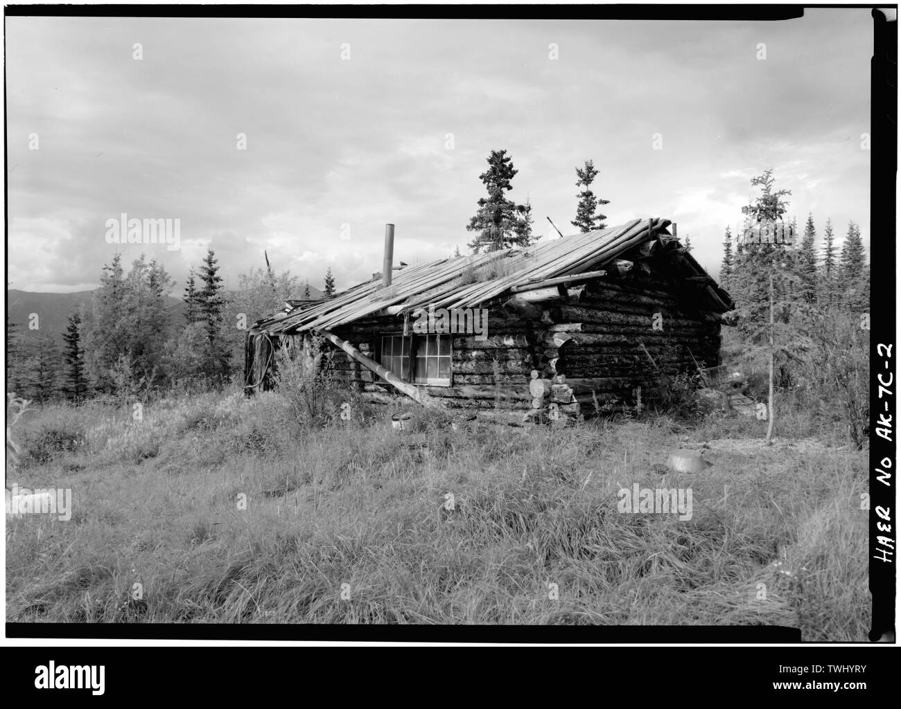 SIDE, REAR WALL, LOOKING NORTHWEST - A. D. Wilcox Drift Mine, Residential Cabin, Linda Creek near Dalton Highway, Bettles, Yukon-Koyukuk Census Area, AK Stock Photo