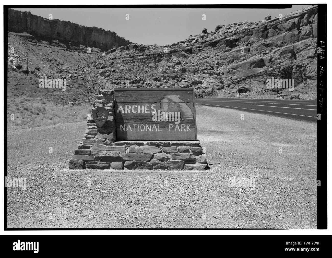 SIGN AT MAIN ENTRANCE, FACING WEST - Arches National Park Main Entrance Road, Beginning at U.S. Highway 191, approximately 6 miles north of Moab, Moab, Grand County, UT; Civilian Conservation Corps; Alleman, Carl; Strong Construction Company; Roosevelt, Franklin Delano; Johnson, Lyndon B; Nixon, Richard; Ringhoffer, Alexander; Mather, Stephen; Schmidt, Henry G; Richey, Charles A; Miller, Horace; Quin, transmitter; French, Christine Madrid, historian; Grogan, Brian C, photographer Stock Photo