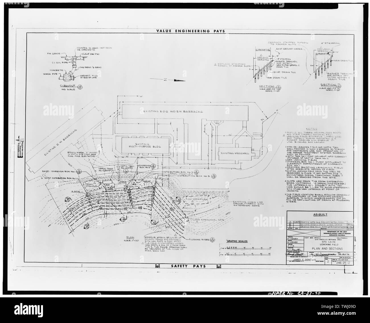SITE LA-04-LLEACHING FIELD PLAN AND SECTIONS - Mount Gleason Nike Missile Site, Angeles National Forest, South of Soledad Canyon, Sylmar, Los Angeles County, CA Stock Photo