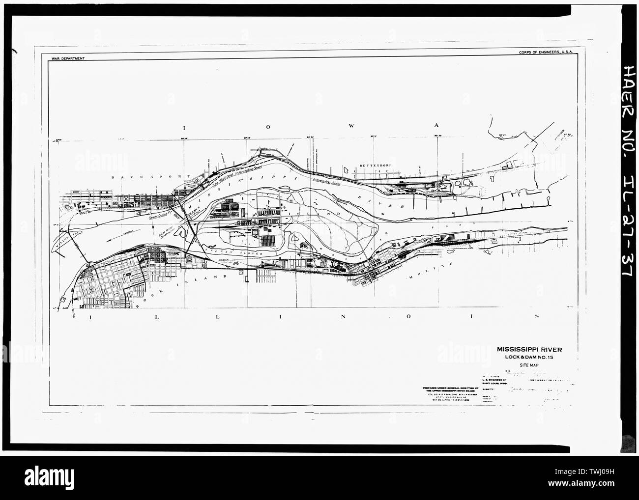 SITE MAP. July 1931 - Mississippi River 9-Foot Channel Project, Lock and Dam No. 15, Upper Mississipi River (Arsenal Island), Rock Island, Rock Island County, IL; U.S. Army Corps of Engineers; S.A. Healy Company; Merrit-Chapman-Whitney Corporation; Ylvisaker, Lenvik; Piel, John H; McCormick, Herbert Stock Photo