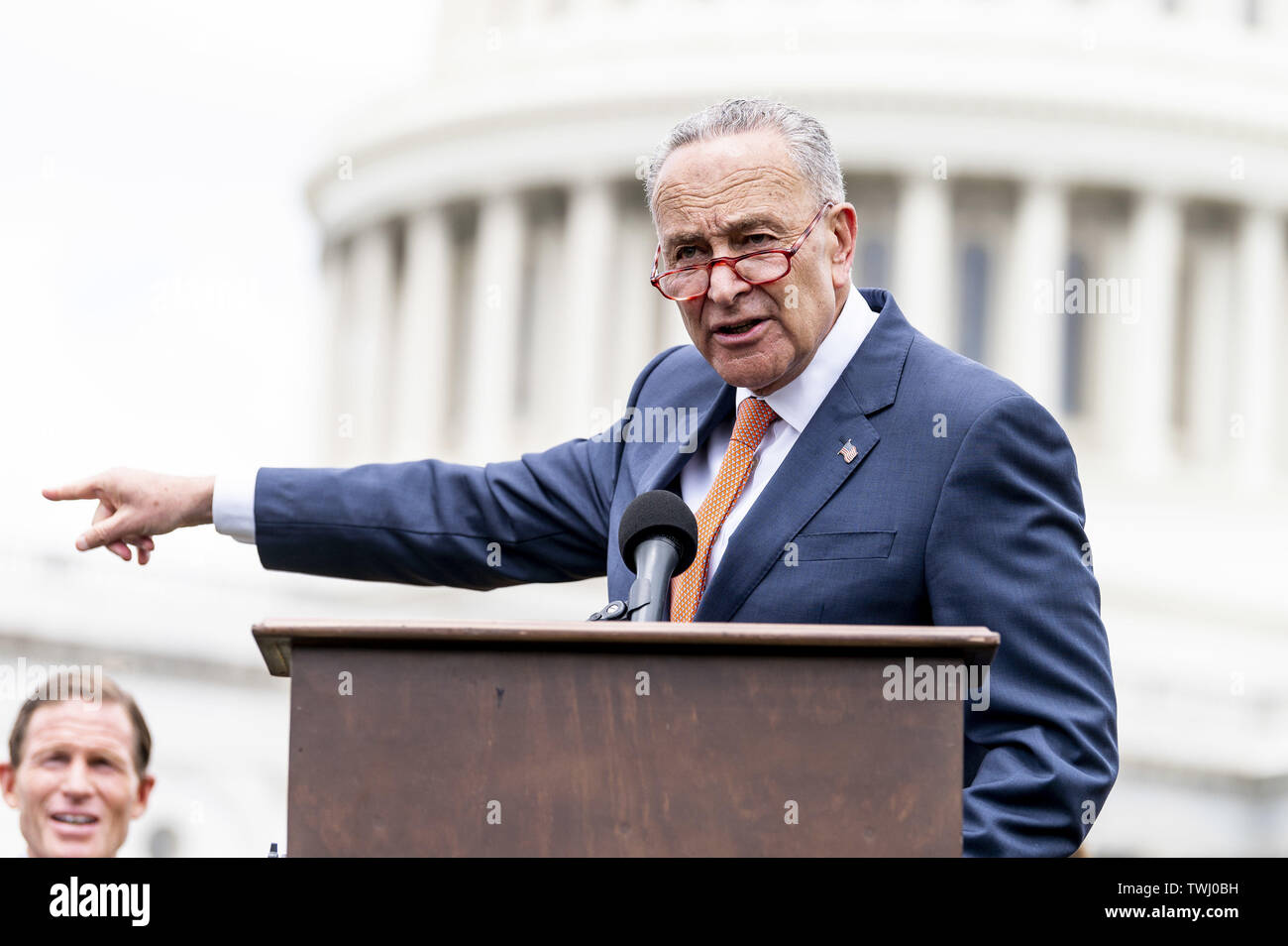 Washington, D.C, USA. 20th June, 2019. Senate Minority Leader CHUCK SCHUMER (D-NY) speaking at an event in front of the Capitol to urge the passage of H.R. 8 universal (gun ownership) background checks legislation. Event held on the grass on the eastern side of the U.S. Capitol in Washington, DC on June 20, 2019. Credit: Michael Brochstein/ZUMA Wire/Alamy Live News Stock Photo