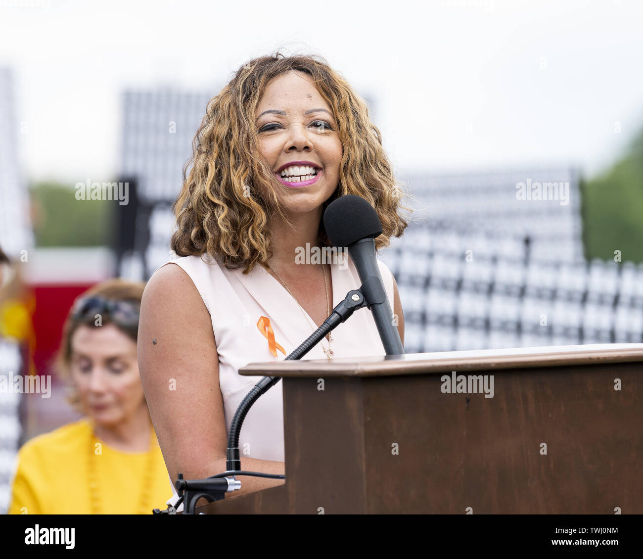 Washington, D.C, USA. 20th June, 2019. U.S. Representative LUCY MCBATH (D-GA) speaking at an event in front of the Capitol to urge the passage of H.R. 8 universal (gun ownership) background checks legislation. Event held on the grass on the eastern side of the U.S. Capitol in Washington, DC on June 20, 2019. Credit: Michael Brochstein/ZUMA Wire/Alamy Live News Stock Photo