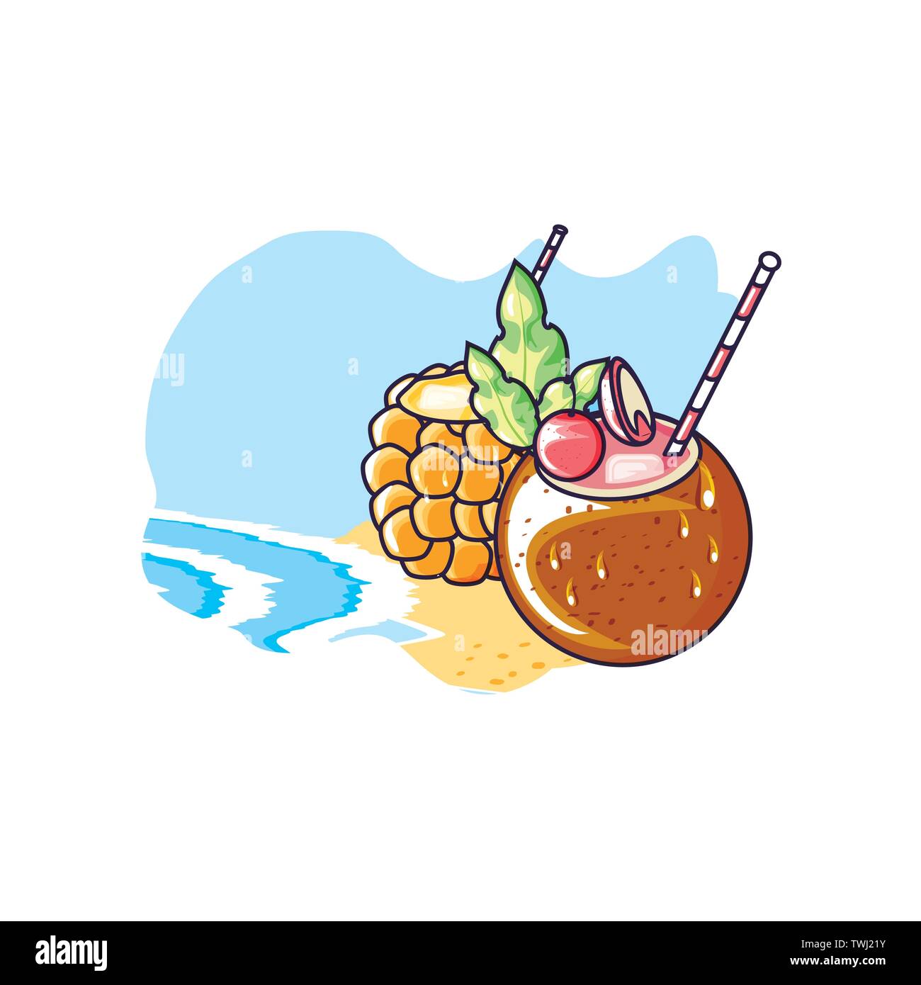 cocktail of pineapple in the beach with coconut vector illustration ...