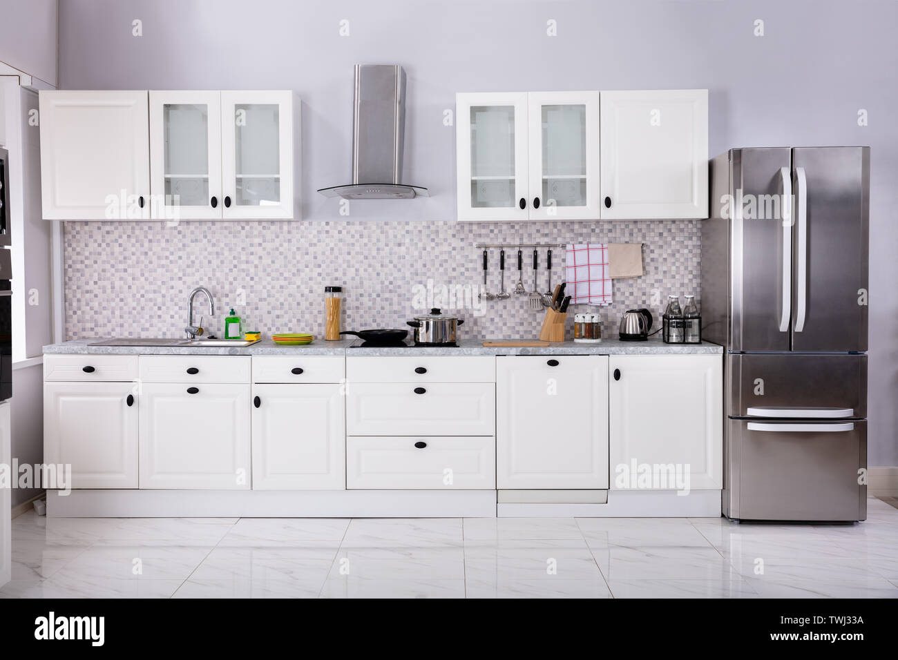 Interior Of Modern White Clean Kitchen With Microwave Oven And ...