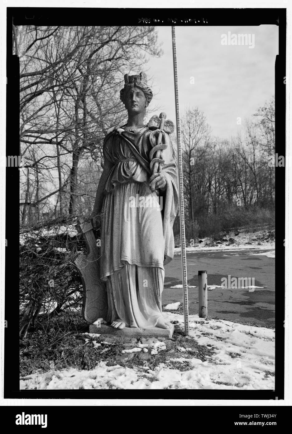 Sculpture, Minerva, with scale - National Park Seminary, Bounded by Capitol Beltway (I-495), Linden Lane, Woodstove Avenue, and Smith Drive, Silver Spring, Montgomery County, MD; U.S.Department of the Army; Ray, Arthur; Cassedy, John Irving, A; Ament, James E; Davis, Roy Tasco; Holman, Emily Elizabeth; Schneider, Thomas Franklin; Rosenthal, James, field team; Price, Virginia B, transmitter; Ott, Cynthia, historian; Boucher, Jack E, photographer; Lavoie, Catherine C, project manager; Price, Virginia B, transmitter; Price, Virginia B, transmitter Stock Photo