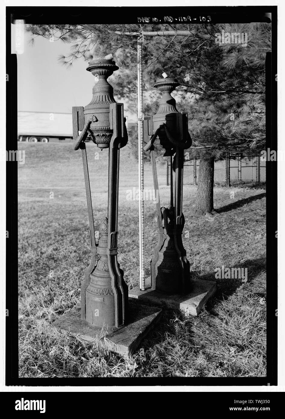 Sculpture, cast iron lamps at northeast corner of Stephen Sitter Avenue and Forney road, with scale - National Park Seminary, Bounded by Capitol Beltway (I-495), Linden Lane, Woodstove Avenue, and Smith Drive, Silver Spring, Montgomery County, MD; U.S.Department of the Army; Ray, Arthur; Cassedy, John Irving, A; Ament, James E; Davis, Roy Tasco; Holman, Emily Elizabeth; Schneider, Thomas Franklin; Rosenthal, James, field team; Price, Virginia B, transmitter; Ott, Cynthia, historian; Boucher, Jack E, photographer; Lavoie, Catherine C, project manager; Price, Virginia B, transmitter; Price, Virg Stock Photo