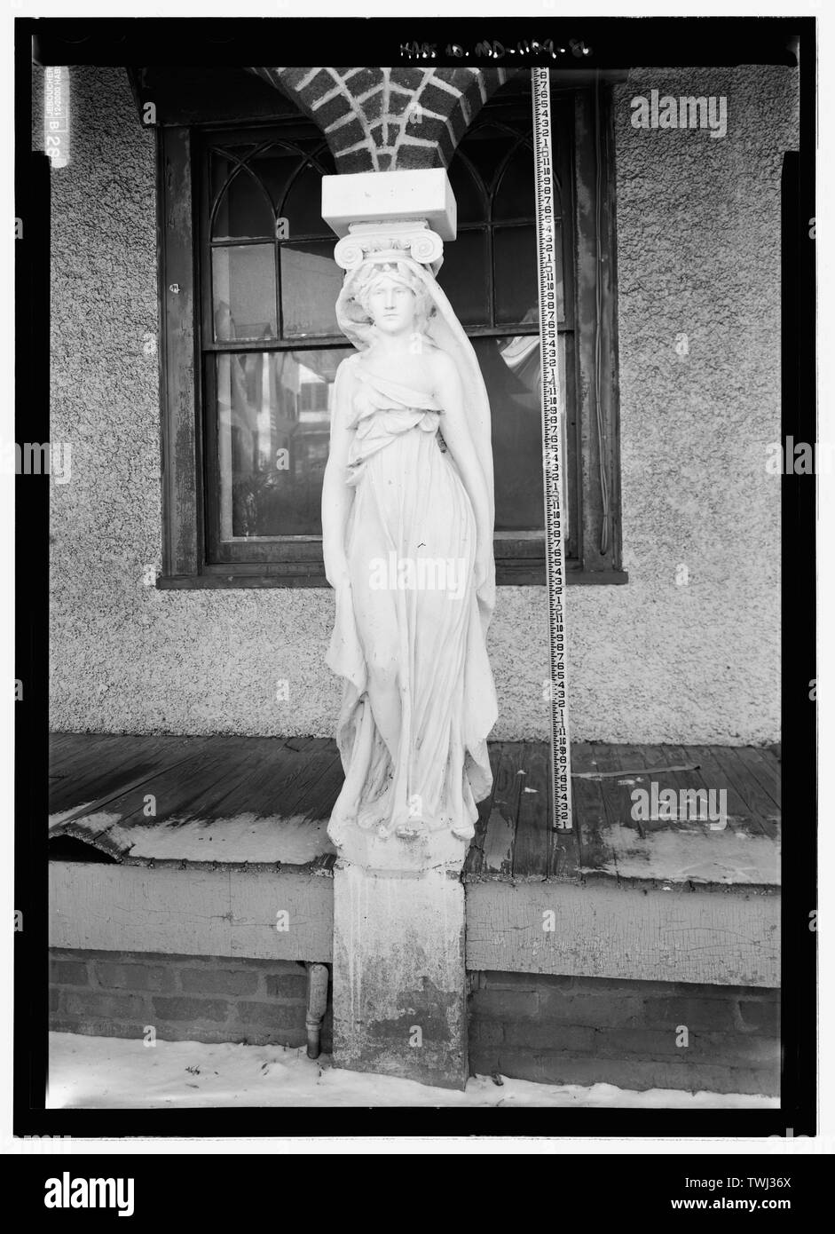 Sculpture, view of one of the caryatids on the Porch of Maidens, with scale - National Park Seminary, Bounded by Capitol Beltway (I-495), Linden Lane, Woodstove Avenue, and Smith Drive, Silver Spring, Montgomery County, MD; U.S.Department of the Army; Ray, Arthur; Cassedy, John Irving, A; Ament, James E; Davis, Roy Tasco; Holman, Emily Elizabeth; Schneider, Thomas Franklin; Rosenthal, James, field team; Price, Virginia B, transmitter; Ott, Cynthia, historian; Boucher, Jack E, photographer; Lavoie, Catherine C, project manager; Price, Virginia B, transmitter; Price, Virginia B, transmitter Stock Photo